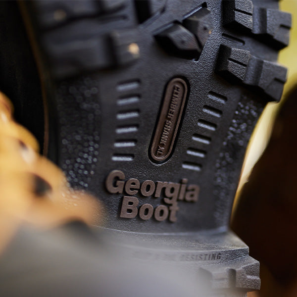 Close-up of a Georgia Boot tread pattern with brand name.