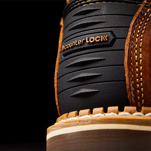 Close-up of a brown leather boot with 'Ncounter Lock' branding on a black background