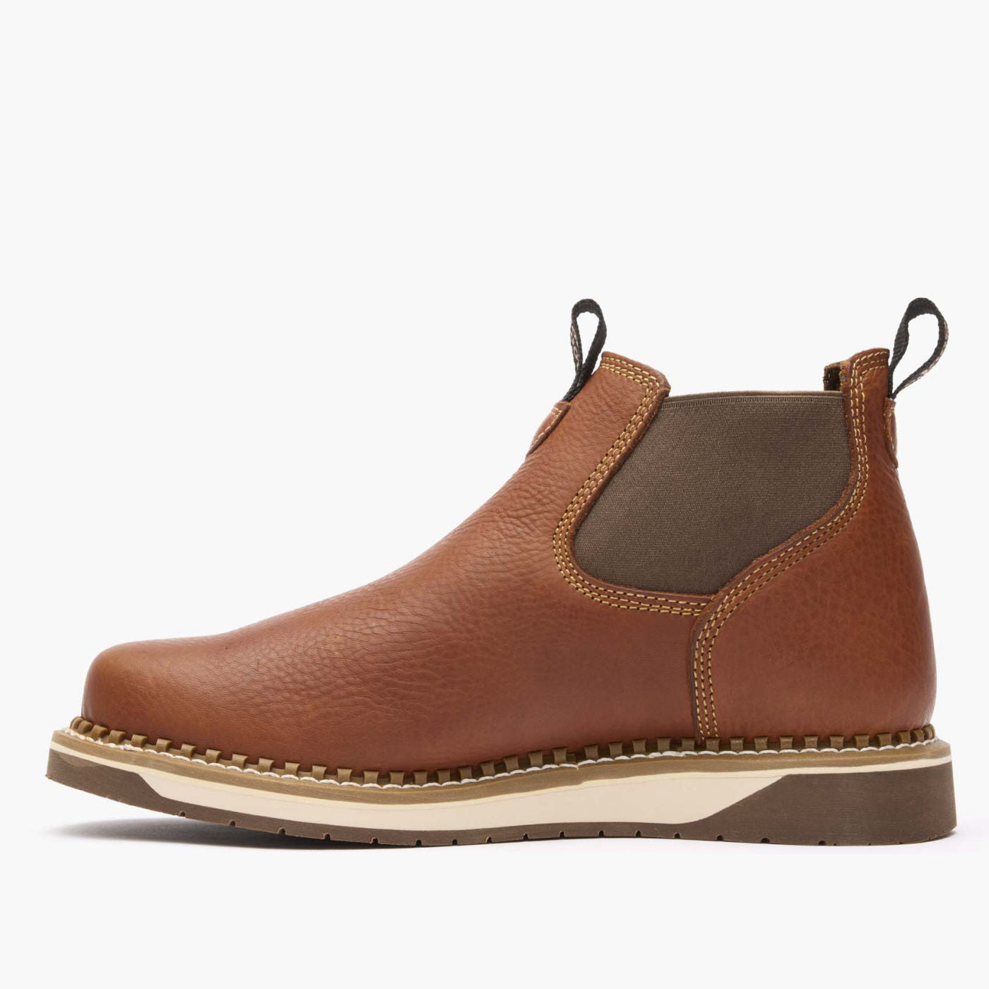 Brown leather boot with a white sole on a white background
