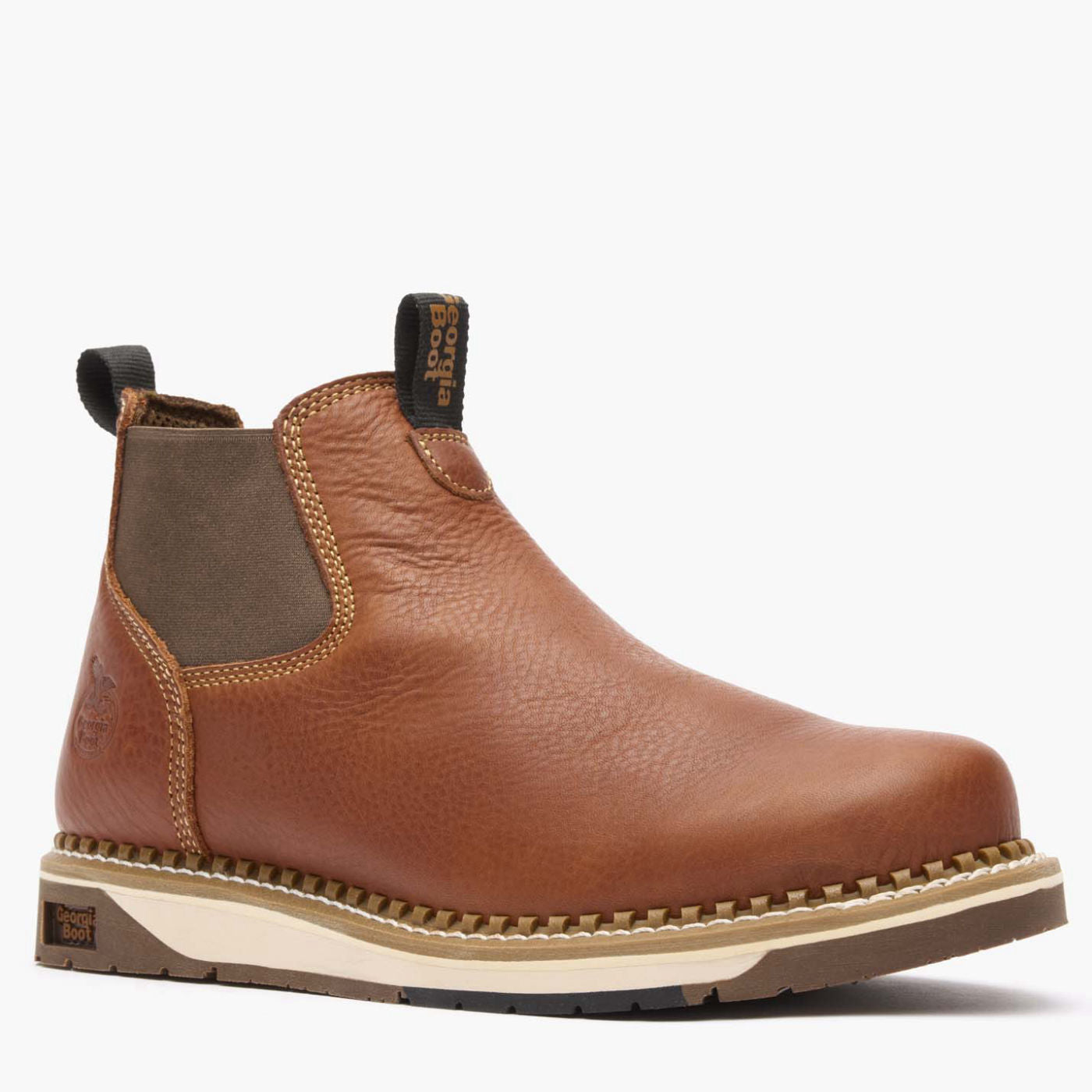 Brown leather boot with a white background