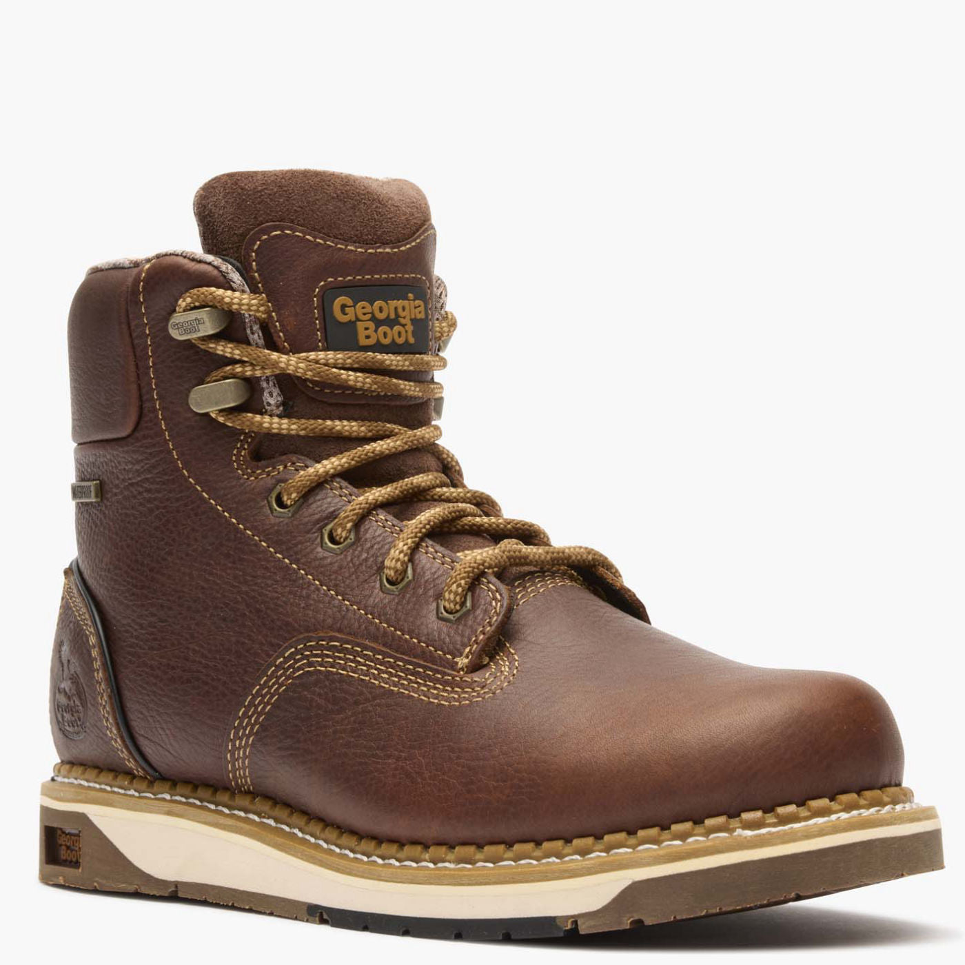 Brown leather boot with lace-up design on a white background