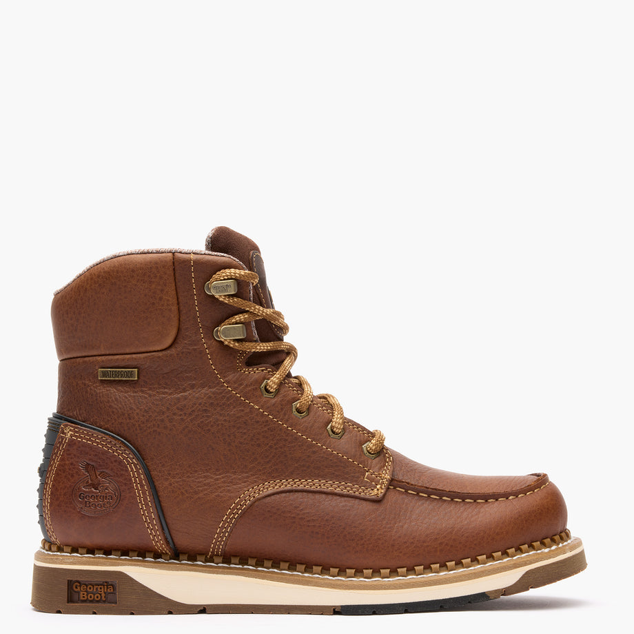 Brown leather boot with laces on a white background