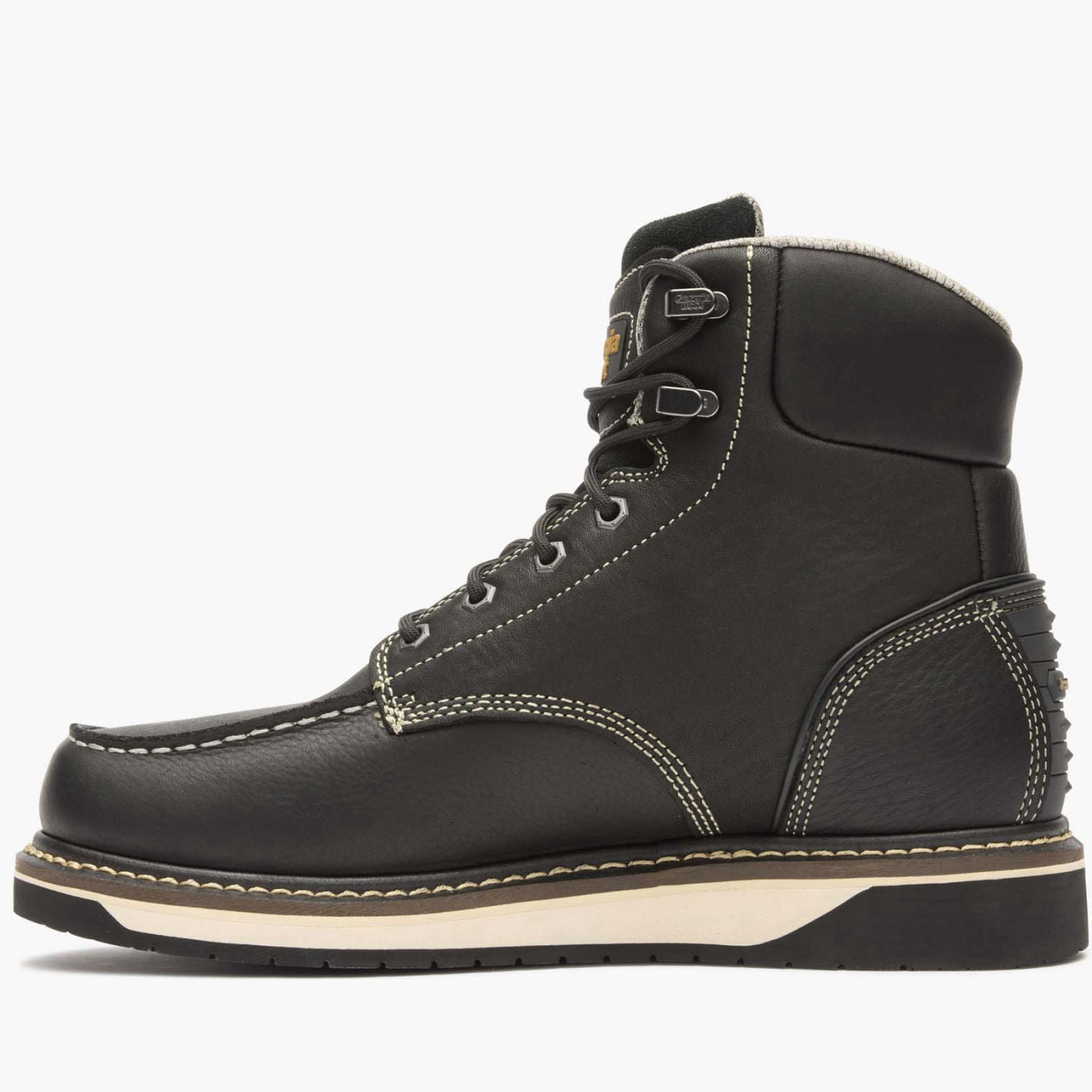 Black leather boot with white sole on a white background
