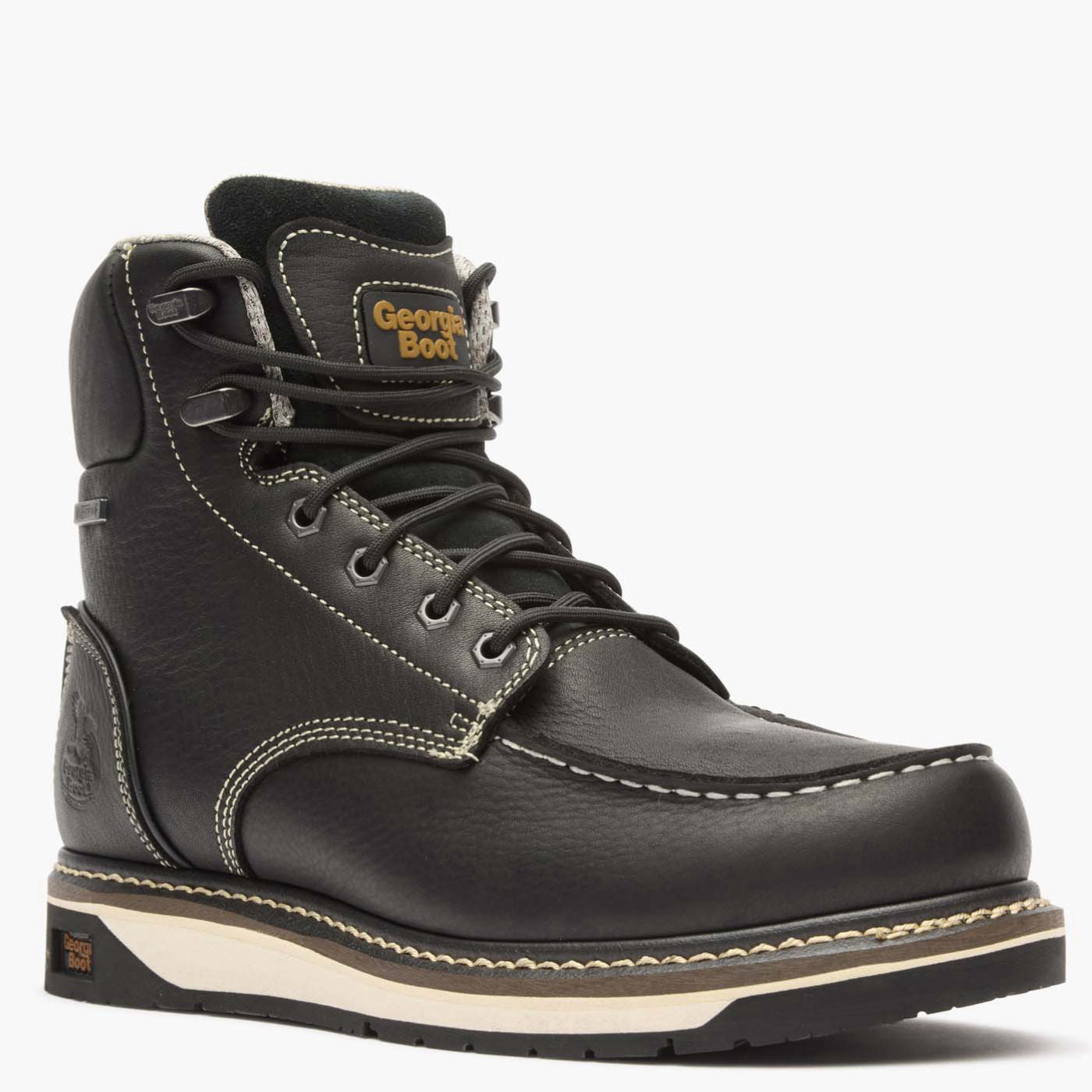 Black leather boot with visible branding on a white background