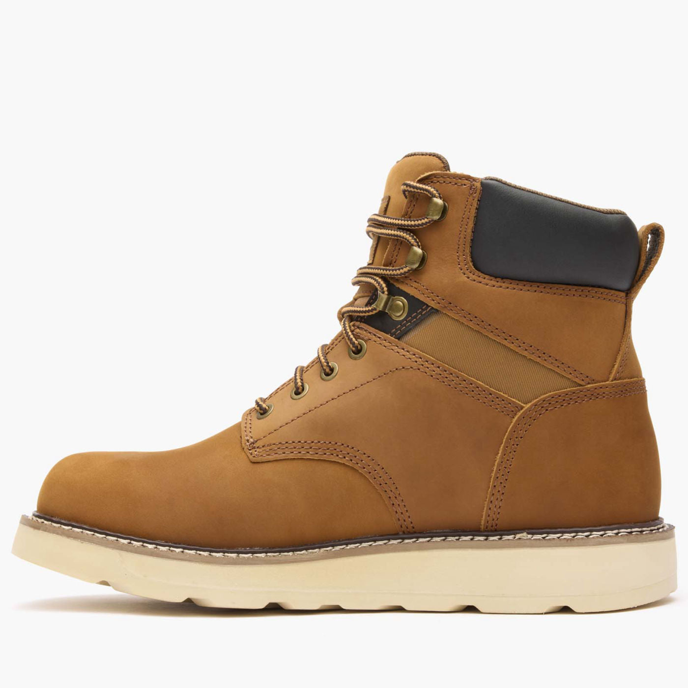 Brown leather boot with a white sole on a white background