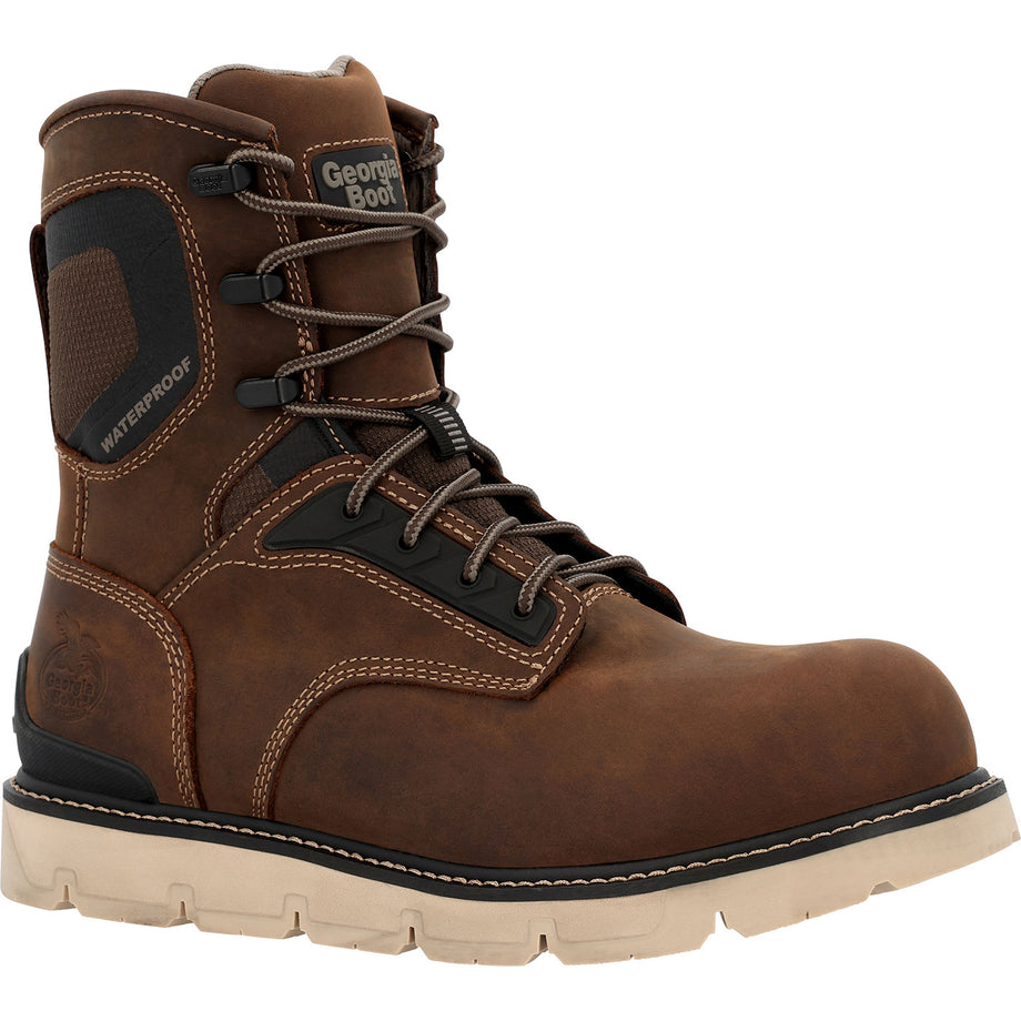 Brown work boot with laces on a white background