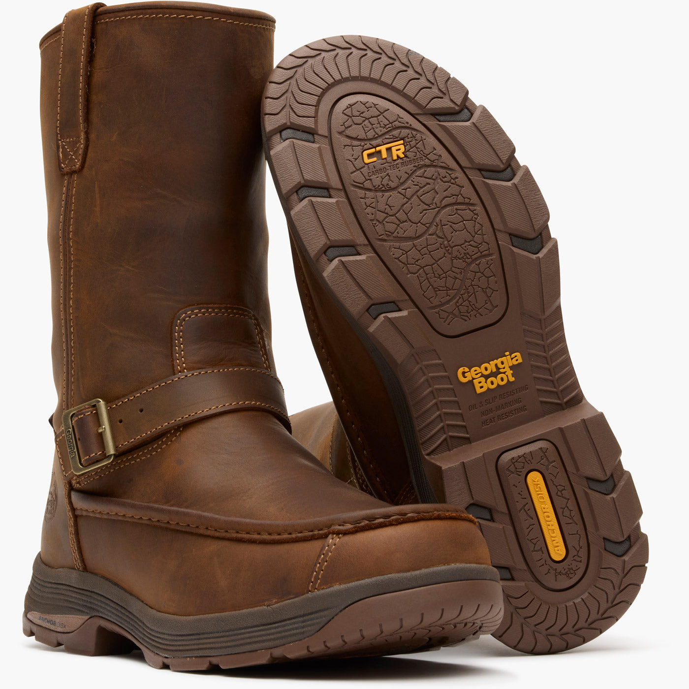 Brown leather boot with a close-up of the sole displaying 'Georgia Boot' branding on a white background.