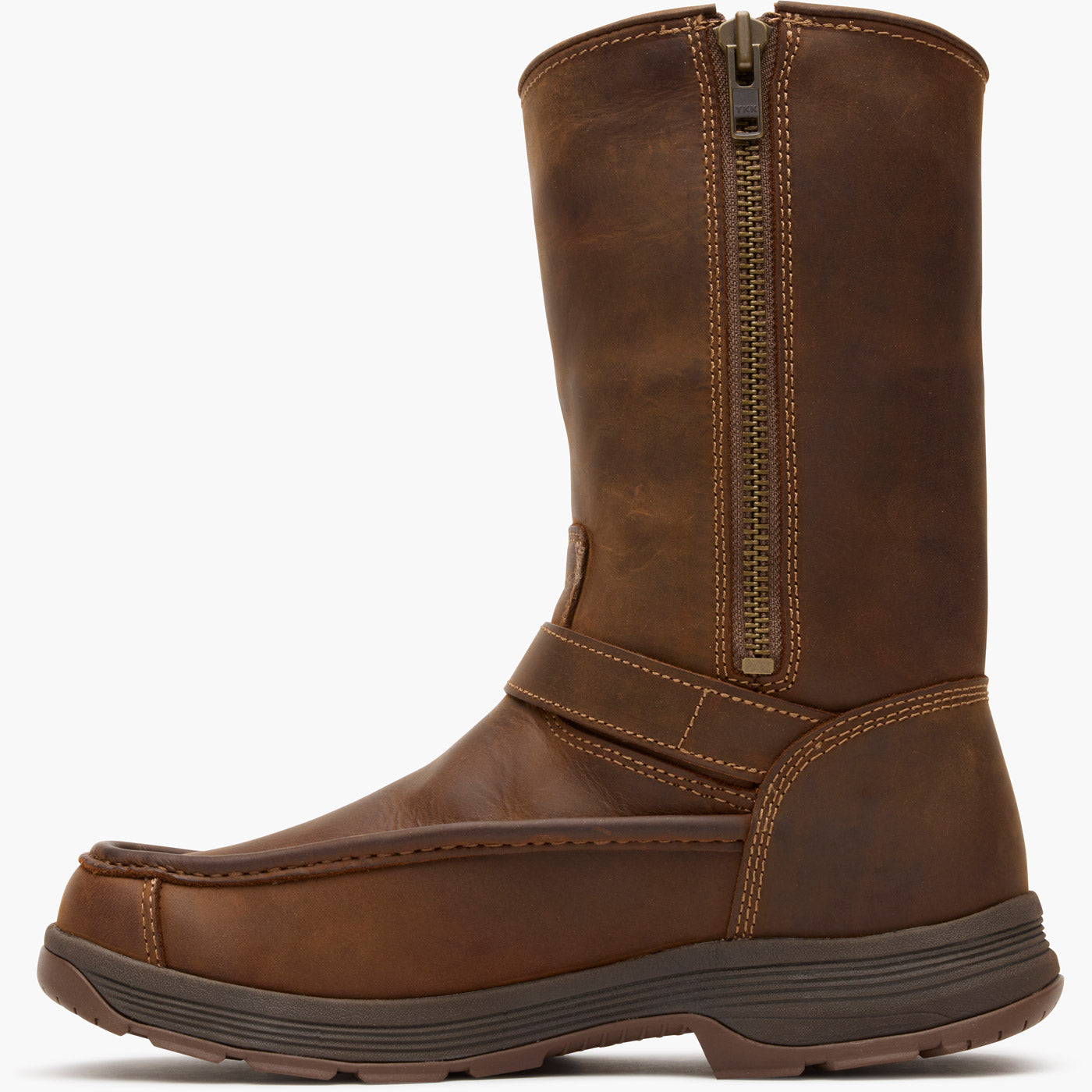 Brown leather boot with a zipper on a white background