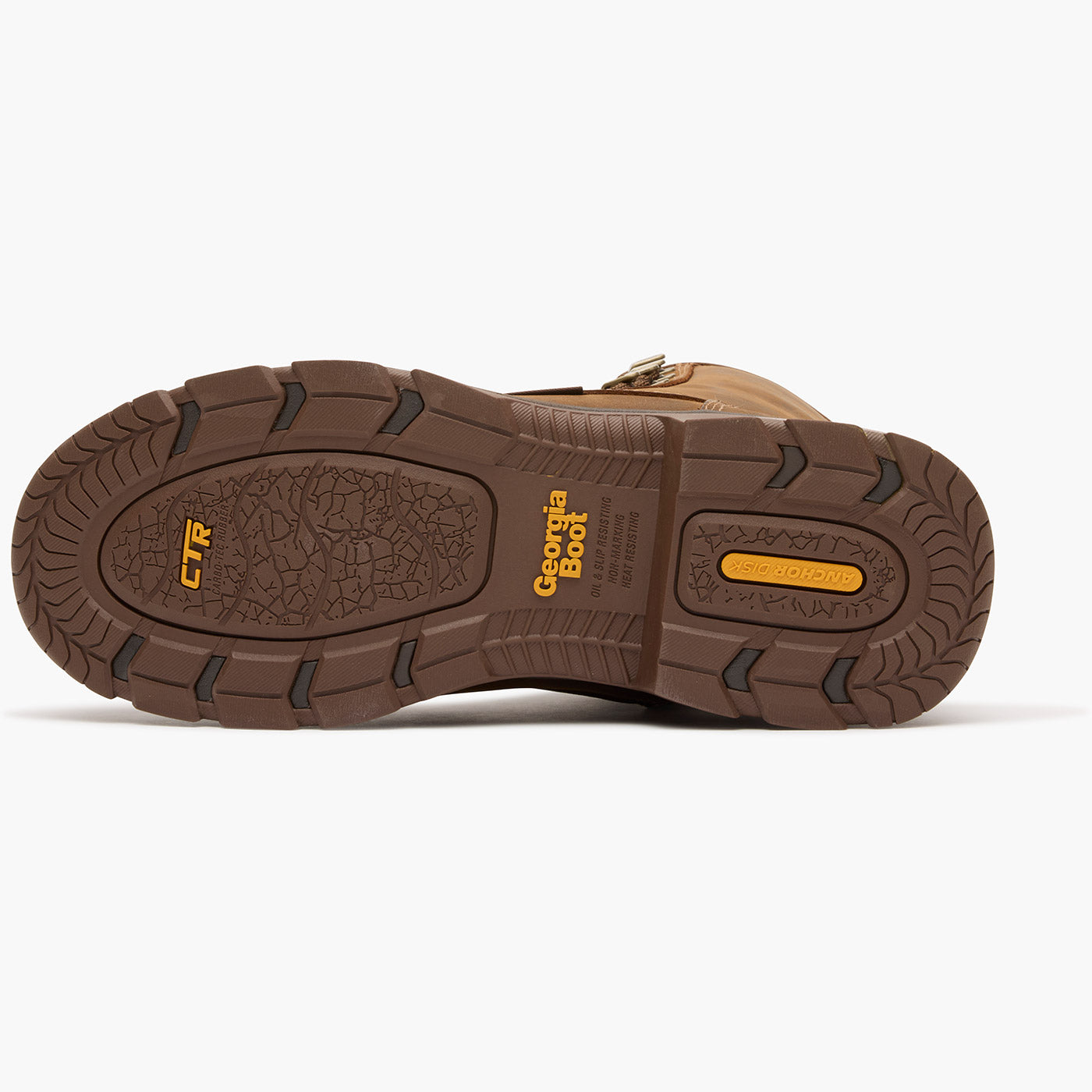 Brown boot sole with 'Georgia Boot' branding on a white background