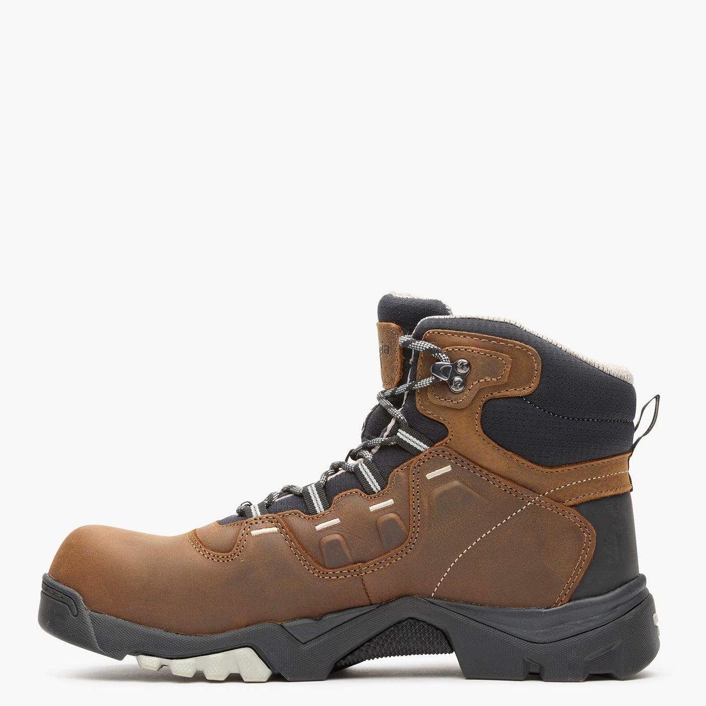Brown and black hiking boot on a white background