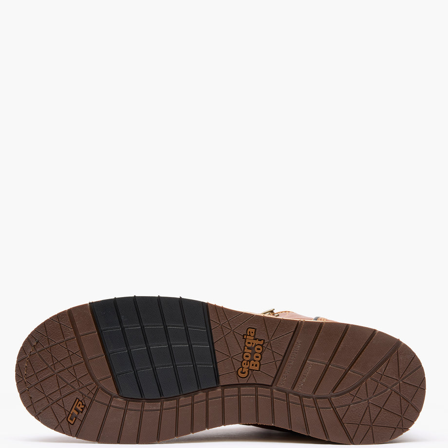 Brown sole of a shoe with visible branding on a white background