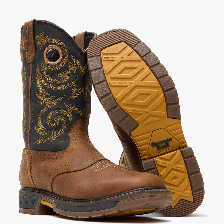 Brown and black cowboy boot with yellow tread pattern on sole