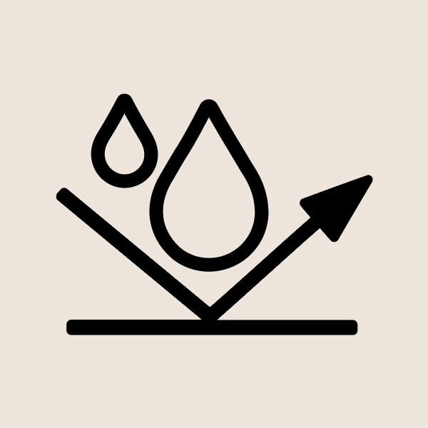 Water resistance symbol with two droplets and an arrow on a beige background