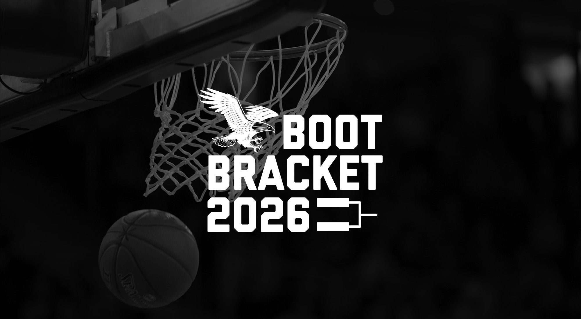 Basketball hoop with 'Boot Bracket 2026' logo and basketball on a dark background