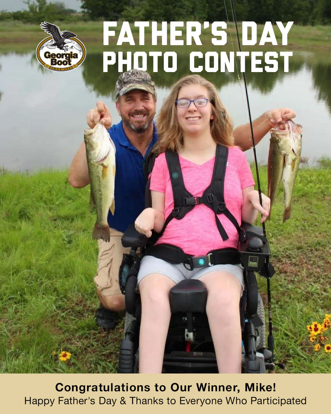 Man and woman in a wheelchair holding fish by a lake with Georgia Boot logo and Father's Day photo contest text.
