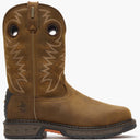 Brown cowboy boot with intricate stitching on a white background