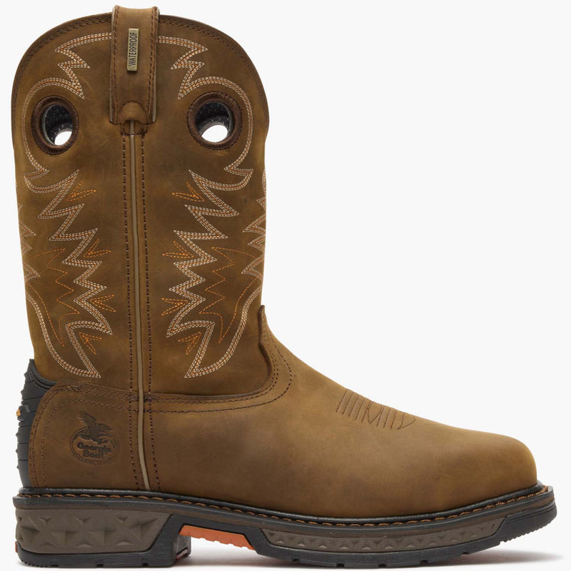 Brown cowboy boot with intricate stitching on a white background