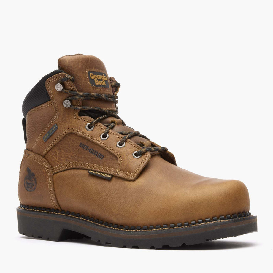Brown work boot with visible brand logo on a white background