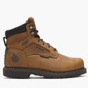 Brown leather boot with black sole on a white background
