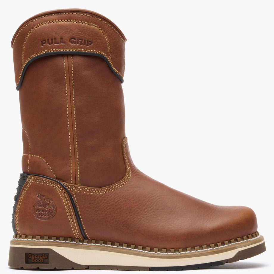 Brown leather boot with 'Pull Grip' feature on a white background