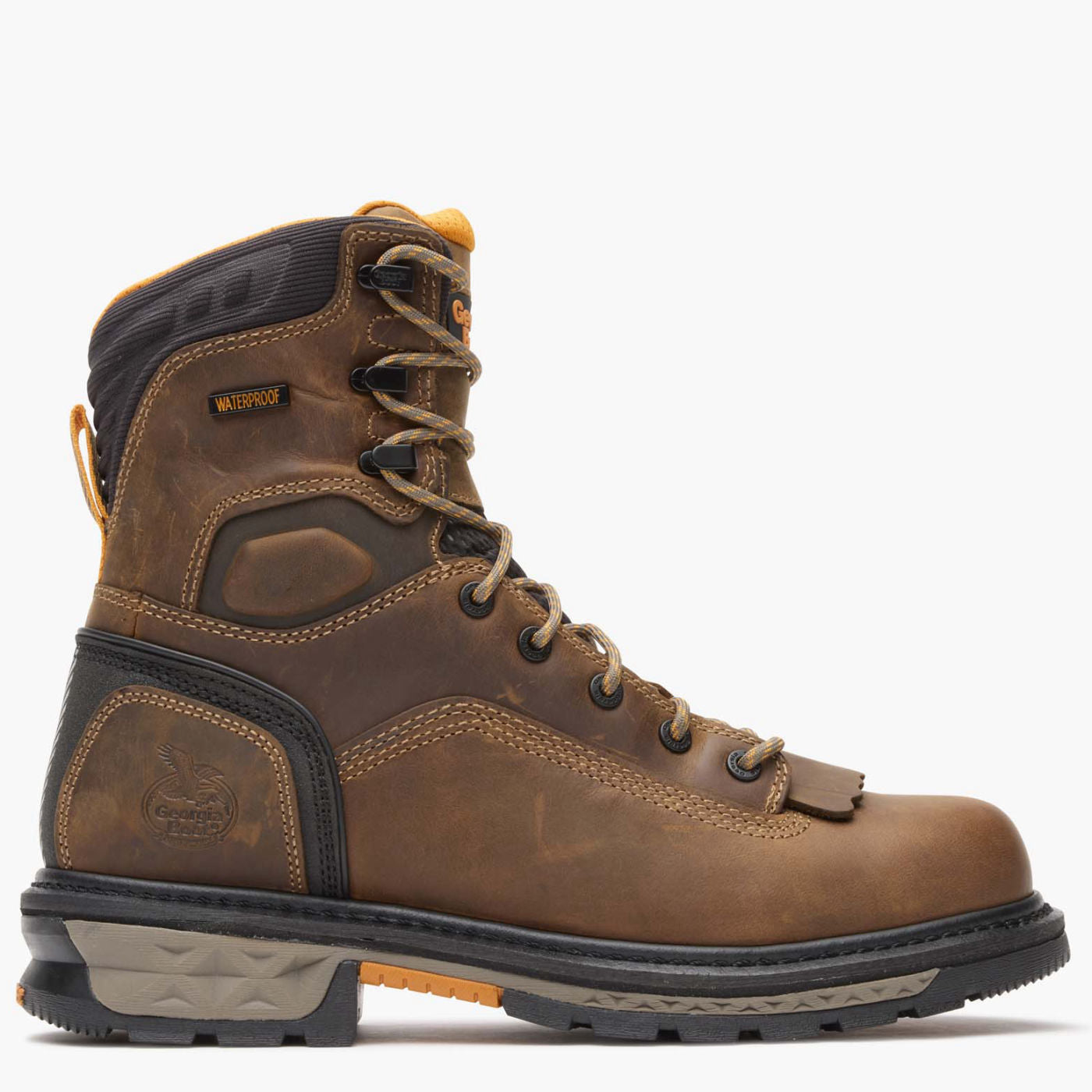 Brown leather boot with black accents on a white background