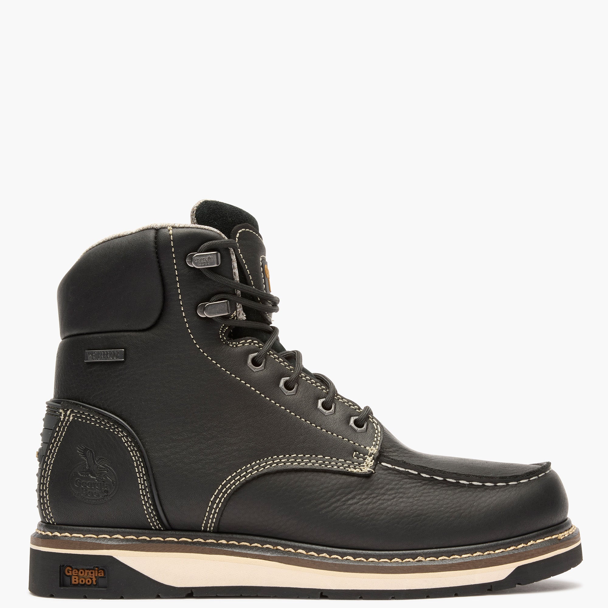 Black leather boot with white sole on a white background