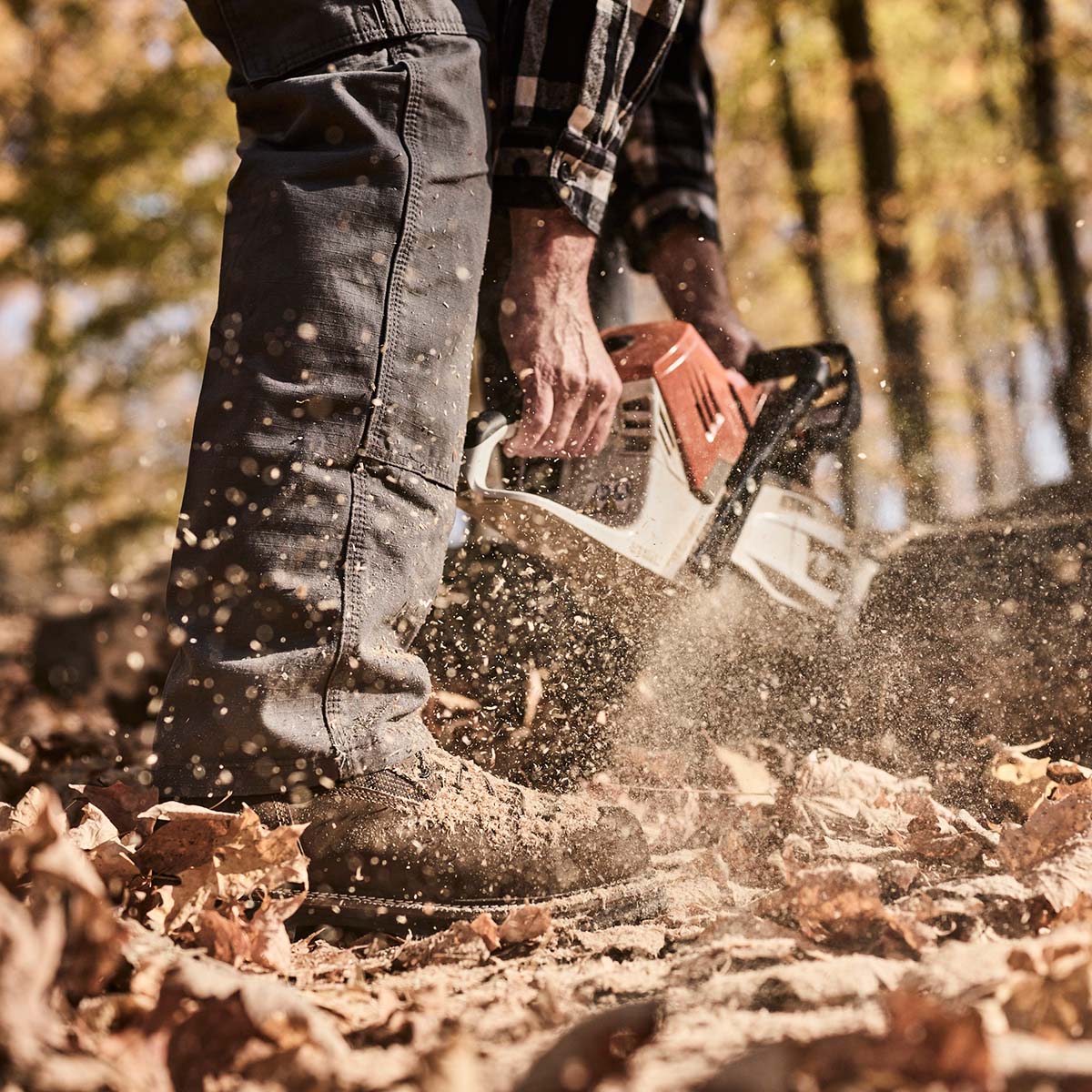 Person using a chainsaw in a forest setting