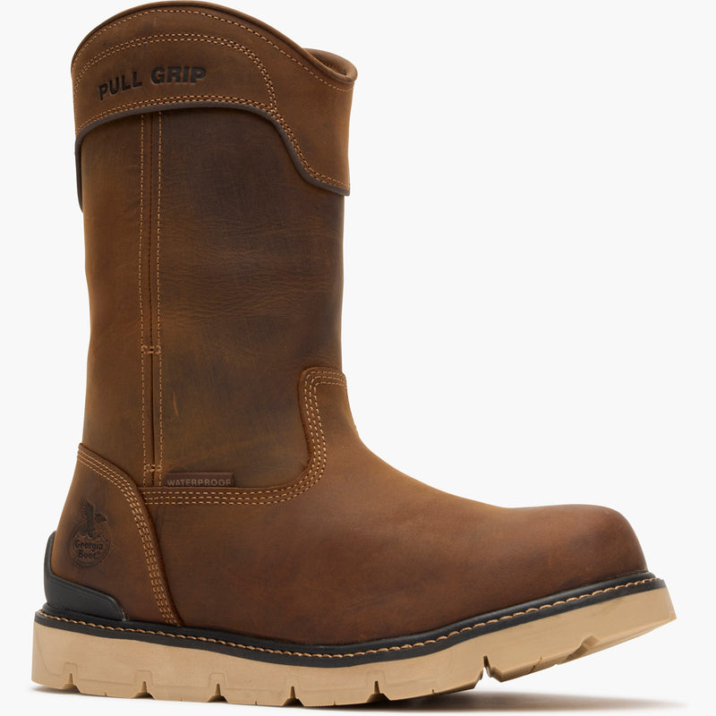 Brown work boot with 'Full Grip' text on a white background