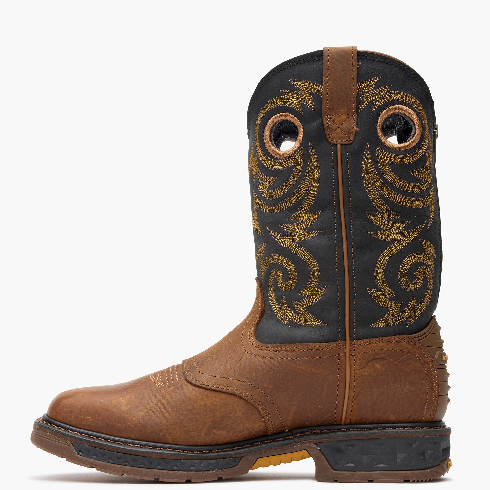 Brown cowboy boot with black and gold pattern on a white background