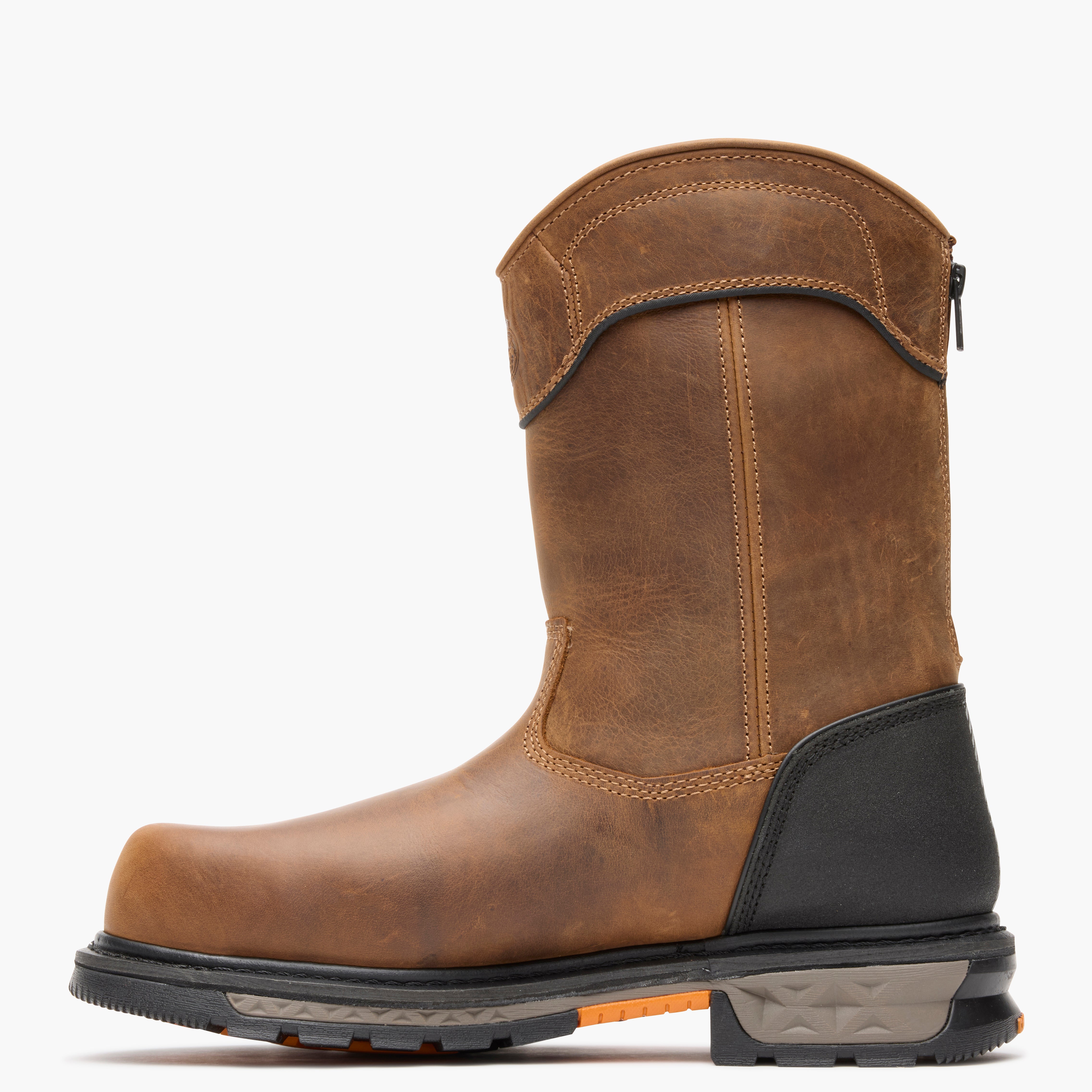Brown leather boot with black sole on a white background