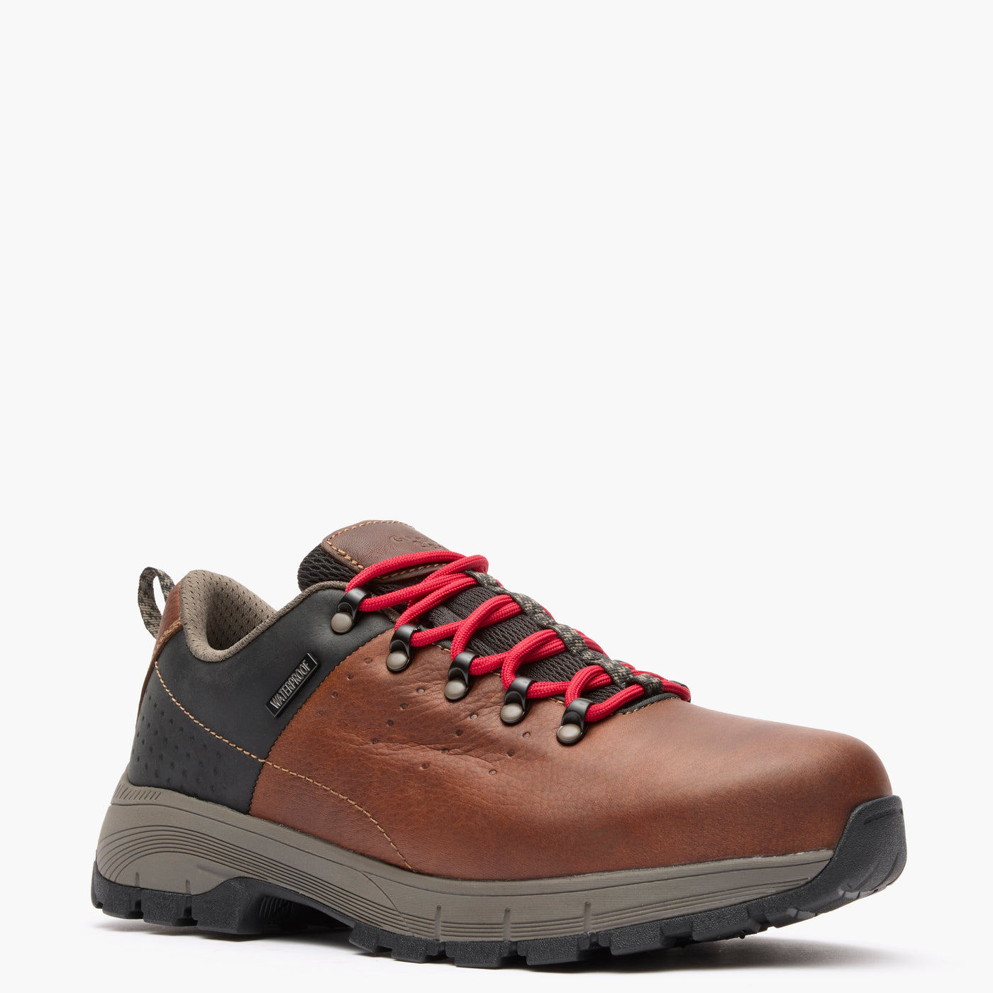 Brown hiking shoe with red laces on a white background
